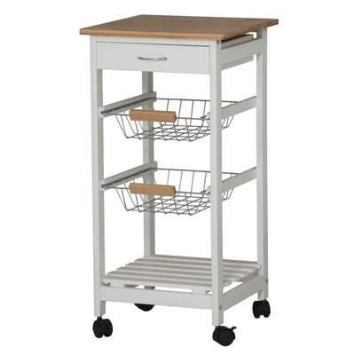 URBNLIVING Height 75cm 3 Tier White Portable Oasis Bamboo Top MDF Kitchen Trolley Drawer Shelf Cart on Wheels