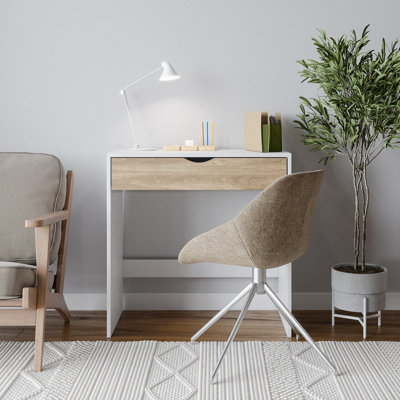 URBNLIVING Height 75cm Wooden White 1 Drawer Dressing Table with Oak Drawers Bedroom Vanity and Computer Work Desk