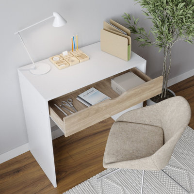 URBNLIVING Height 75cm Wooden White 1 Drawer Dressing Table with Oak Drawers Bedroom Vanity and Computer Work Desk