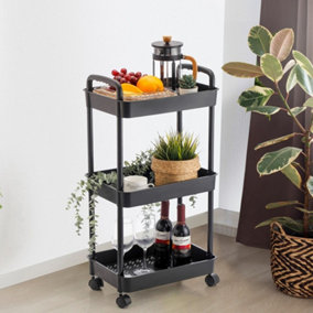 URBNLIVING Height 77cm 3 Tier Black Shelf Plastic Slim Storage Trolley Cart Castor Wheels Kitchen Organiser