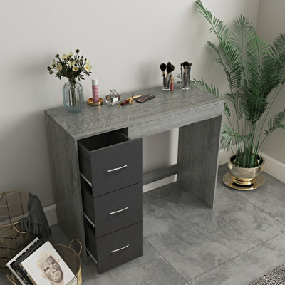 URBNLIVING Height 79.5cm 3 Drawer Wooden Bedroom Dressing Computer Work Table Desk Ash Grey Carcass and Black Drawers Jewellery