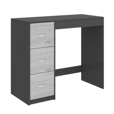 URBNLIVING Height 79.5cm 3 Drawer Wooden Bedroom Dressing Computer Work Table Desk Black Carcass and Ash Grey Drawers Jewellery