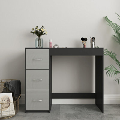 URBNLIVING Height 79.5cm 3 Drawer Wooden Bedroom Dressing Computer Work Table Desk Black Carcass and Grey Drawers Jewellery