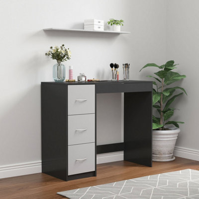 URBNLIVING Height 79.5cm 3 Drawer Wooden Bedroom Dressing Computer Work Table Desk Black Carcass and Grey Drawers Jewellery