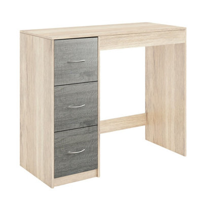 URBNLIVING Height 79.5cm 3 Drawer Wooden Bedroom Dressing Computer Work Table Desk Oak  Carcass and Ash Grey Drawers Jewellery