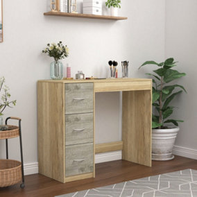 URBNLIVING Height 79.5cm 3 Drawer Wooden Bedroom Dressing Computer Work Table Desk Oak  Carcass and Ash Grey Drawers Jewellery