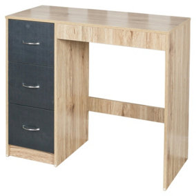 URBNLIVING Height 79.5cm 3 Drawer Wooden Bedroom Dressing Computer Work Table Desk Oak Carcass and Black Drawers Jewellery