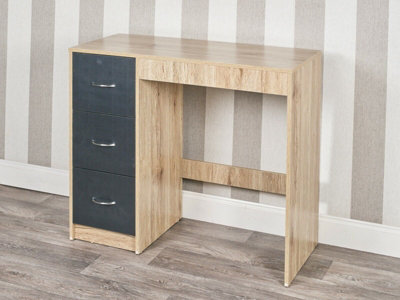 URBNLIVING Height 79.5cm 3 Drawer Wooden Bedroom Dressing Computer Work Table Desk Oak Carcass and Black Drawers Jewellery