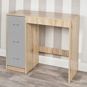 URBNLIVING Height 79.5cm 3 Drawer Wooden Bedroom Dressing Computer Work Table Desk Oak Carcass and Grey Drawers Jewellery