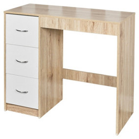 URBNLIVING Height 79.5cm 3 Drawer Wooden Bedroom Dressing Computer Work Table Desk Oak Carcass and White Drawers Jewellery