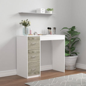 URBNLIVING Height 79.5cm 3 Drawer Wooden Bedroom Dressing Computer Work Table Desk White Carcass and Ash Grey Drawers Jewellery