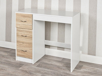 URBNLIVING Height 79.5cm 3 Drawer Wooden Bedroom Dressing Computer Work Table Desk White Carcass and Oak Drawers Jewellery