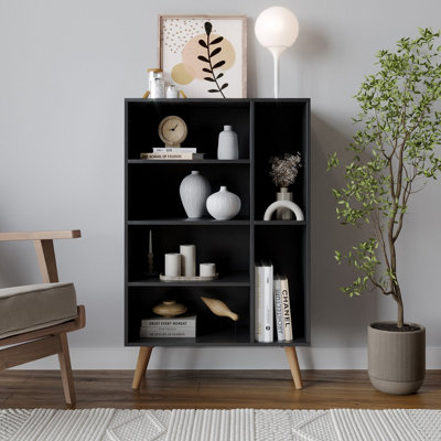 URBNLIVING Height 84cm 6 Section Wooden Black Bookcase with Beech Leg