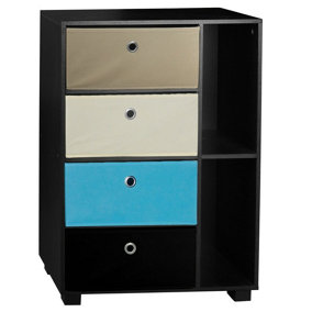 URBNLIVING Height 84cm Wooden 6 Section Black Bookcase with Black and Blue Drawer