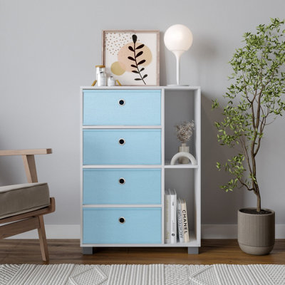 URBNLIVING Height 84cm Wooden 6 Section White Bookcase and Light Blue Drawer