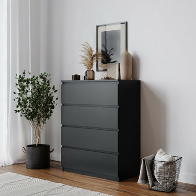 URBNLIVING Height 89Cm 4 Drawer Skagen Wooden Bedroom Chest Cabinet Colour Black Carcass and Black Drawers No Handle Storage