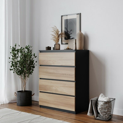 URBNLIVING Height 89Cm 4 Drawer Skagen Wooden Bedroom Chest Cabinet Colour Black Carcass and Oak Drawers No Handle Storage