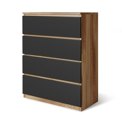 URBNLIVING Height 89Cm 4 Drawer Skagen Wooden Bedroom Chest Cabinet Colour Oak Carcass and Black Drawers No Handle Storage