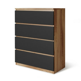 URBNLIVING Height 89Cm 4 Drawer Skagen Wooden Bedroom Chest Cabinet Colour Oak Carcass and Black Drawers No Handle Storage