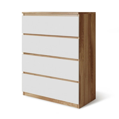 URBNLIVING Height 89Cm 4 Drawer Skagen Wooden Bedroom Chest Cabinet Colour Oak Carcass and White Drawers No Handle Storage