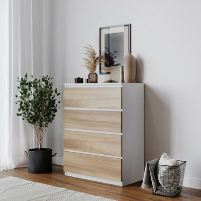 URBNLIVING Height 89Cm 4 Drawer Skagen Wooden Bedroom Chest Cabinet Colour White Carcass and Oak Drawers No Handle Storage
