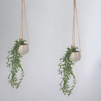 URBNLIVING Height 8cm Set of 2 Macrame Hanging Planter Flower Pot Jute Rope Indoor Outdoor Garden Hanger Holder