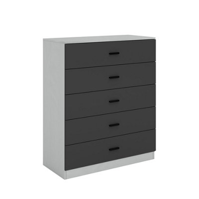 URBNLIVING Height 90.5cm 5 Drawer Wooden Bedroom Chest Cabinet Grey Carcass And Black Drawers Modern Wide Storage Cupboard Closet