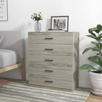 URBNLIVING Height 90.5cm 5 Drawer Wooden Bedroom Chest Cabinet Modern Ash Grey Carcass and Ash Grey Drawers Wide Storage Cupboard