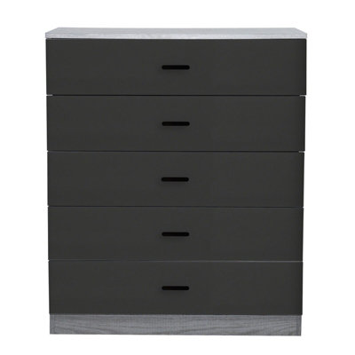 URBNLIVING Height 90.5cm 5 Drawer Wooden Bedroom Chest Cabinet Modern Ash Grey Carcass and Black Drawers Wide Storage Cupboard