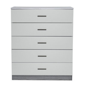 URBNLIVING Height 90.5cm 5 Drawer Wooden Bedroom Chest Cabinet Modern Ash Grey Carcass and Grey Drawers Wide Storage Cupboard