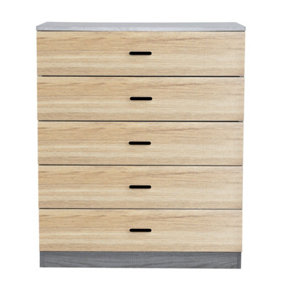 URBNLIVING Height 90.5cm 5 Drawer Wooden Bedroom Chest Cabinet Modern Ash Grey Carcass and Oak Drawers Wide Storage Cupboard
