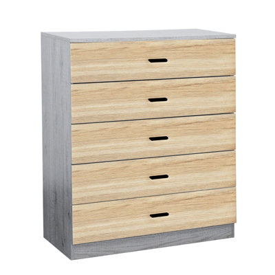 URBNLIVING Height 90.5cm 5 Drawer Wooden Bedroom Chest Cabinet Modern Ash Grey Carcass and Oak Drawers Wide Storage Cupboard