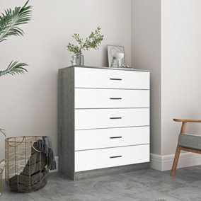 URBNLIVING Height 90.5cm 5 Drawer Wooden Bedroom Chest Cabinet Modern Ash Grey Carcass and White Drawers Wide Storage Cupboard