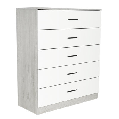 URBNLIVING Height 90.5cm 5 Drawer Wooden Bedroom Chest Cabinet Modern Ash Grey Carcass and White Drawers Wide Storage Cupboard