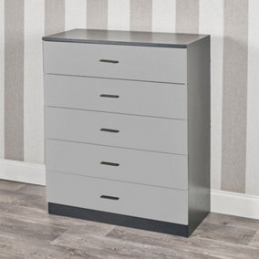URBNLIVING Height 90.5cm 5 Drawer Wooden Bedroom Chest Cabinet Modern Black Carcass and Grey Drawers Wide Storage Cupboard