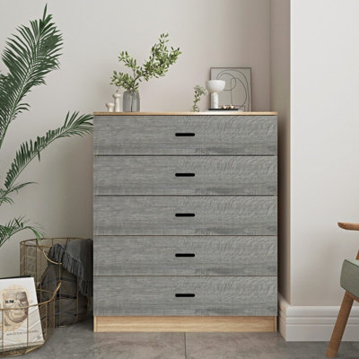 URBNLIVING Height 90.5cm 5 Drawer Wooden Bedroom Chest Cabinet Modern Oak Carcass and Ash Grey Drawers Wide Storage Cupboard