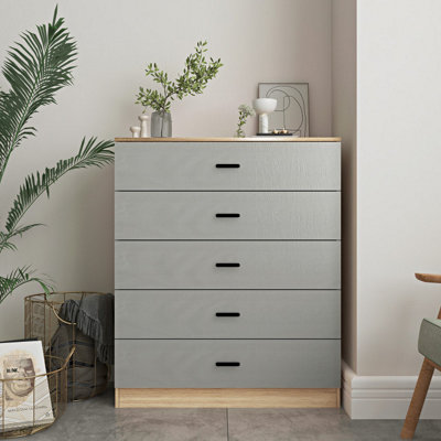 URBNLIVING Height 90.5Cm 5 Drawer Wooden Bedroom Chest Cabinet Modern Oak Carcass and Grey Drawers Wide Storage Cupboard Closet