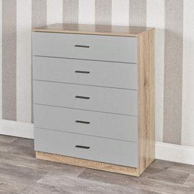 URBNLIVING Height 90.5Cm 5 Drawer Wooden Bedroom Chest Cabinet Modern Oak Carcass and Grey Drawers Wide Storage Cupboard Closet