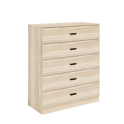 URBNLIVING Height 90.5cm 5 Drawer Wooden Bedroom Chest Cabinet Modern Oak Carcass and Oak Drawers Wide Storage Cupboard Closet