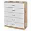 URBNLIVING Height 90.5cm 5 Drawer Wooden Bedroom Chest Cabinet Modern Oak Carcass and White Drawers Wide Storage Cupboard Closet