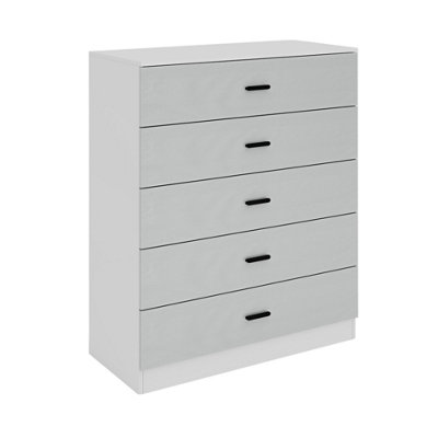 URBNLIVING Height 90.5Cm 5 Drawer Wooden Bedroom Chest Cabinet Modern White Carcass and Grey Drawers Wide Storage Cupboard Closet