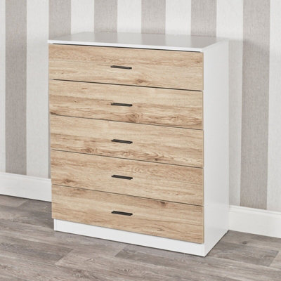 URBNLIVING Height 90.5cm 5 Drawer Wooden Bedroom Chest Cabinet Modern White Carcass and Oak Drawers Wide Storage Cupboard Closet