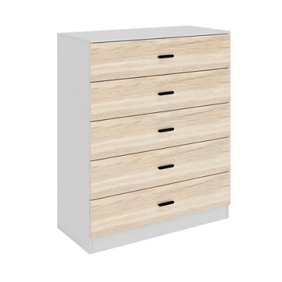 URBNLIVING Height 90.5cm 5 Drawer Wooden Bedroom Chest Cabinet Modern White Carcass and Oak Drawers Wide Storage Cupboard Closet