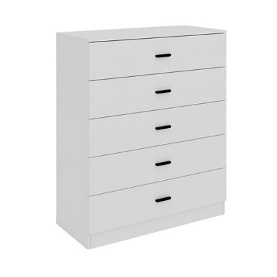 URBNLIVING Height 90.5cm 5 Drawer Wooden Bedroom Chest Cabinet Modern White Carcass and White Drawers Wide Storage Cupboard Closet