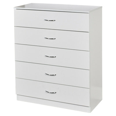URBNLIVING Height 90.5cm 5 Drawer Wooden Bedroom Chest Cabinet Modern White Carcass and White Drawers Wide Storage Cupboard Closet