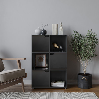 URBNLIVING Height 90.5cm 6 Cube Black Wooden Bookcase with Doors Stylish Display Shelves Storage Unit