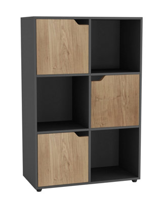 URBNLIVING Height 90.5cm 6 Cube Black Wooden Bookcase with Oak Doors Stylish Display Shelves Storage Unit