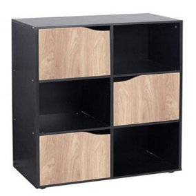 URBNLIVING Height 90.5cm 6 Cube Black Wooden Bookcase with Oak Doors Stylish Display Shelves Storage Unit