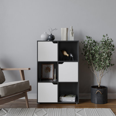 URBNLIVING Height 90.5cm 6 Cube Black Wooden Bookcase with White Doors Stylish Display Shelves Storage Unit