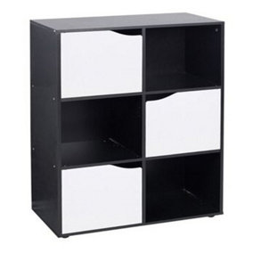URBNLIVING Height 90.5cm 6 Cube Black Wooden Bookcase with White Doors Stylish Display Shelves Storage Unit